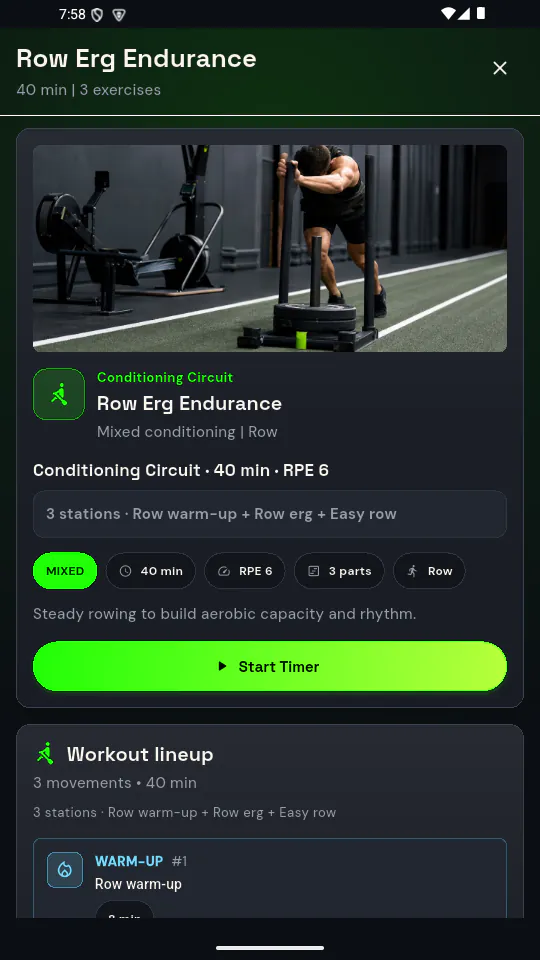 GRITFIT Row Erg Endurance cardio workout with duration, effort and workout lineup