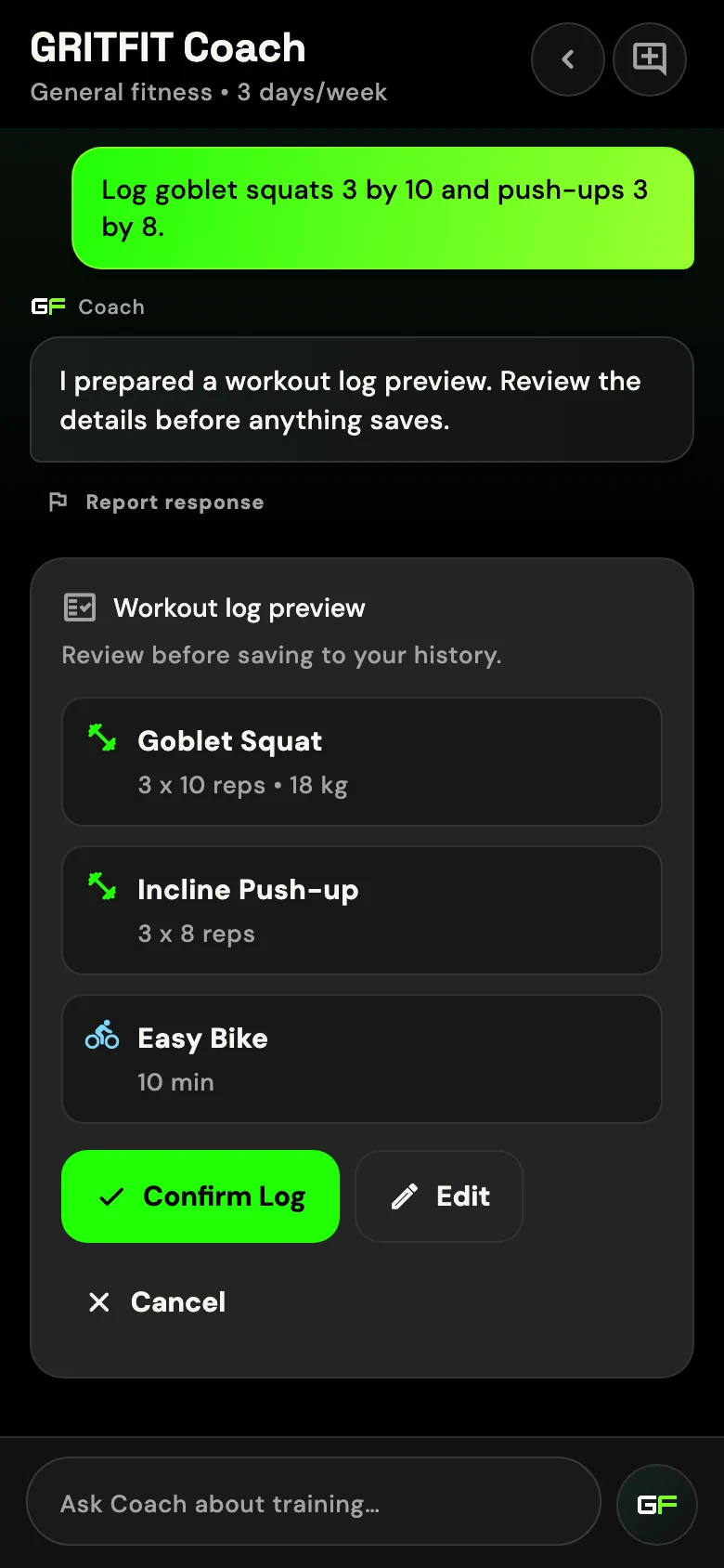 GRITFIT Coach showing a workout log preview with confirm, edit and cancel controls, using demo data