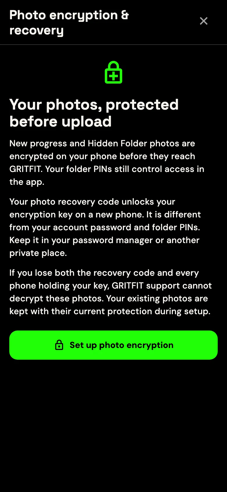 GRITFIT photo encryption and recovery screen explaining on-device encryption, recovery codes and setup