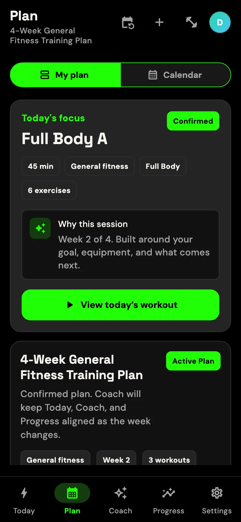 GRITFIT adaptive training plan showing a confirmed strength session