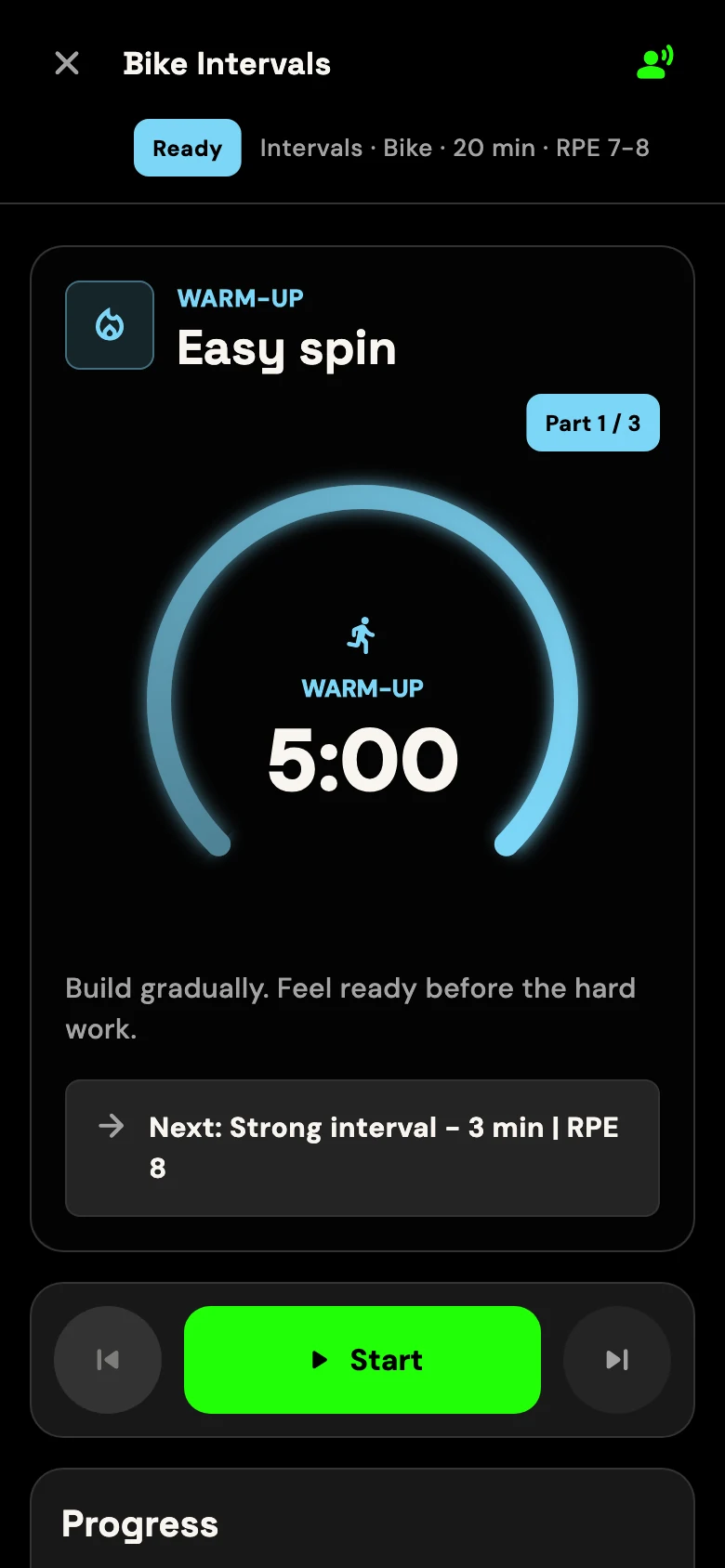 GRITFIT Bike Intervals timer with a five-minute warm-up, session stages and start controls