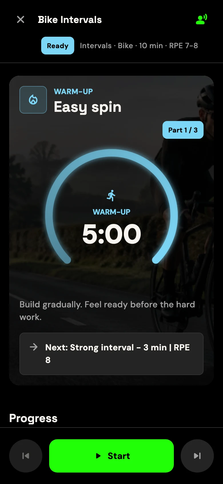 GRITFIT Bike Intervals timer with a five-minute warm-up, session stages and start controls