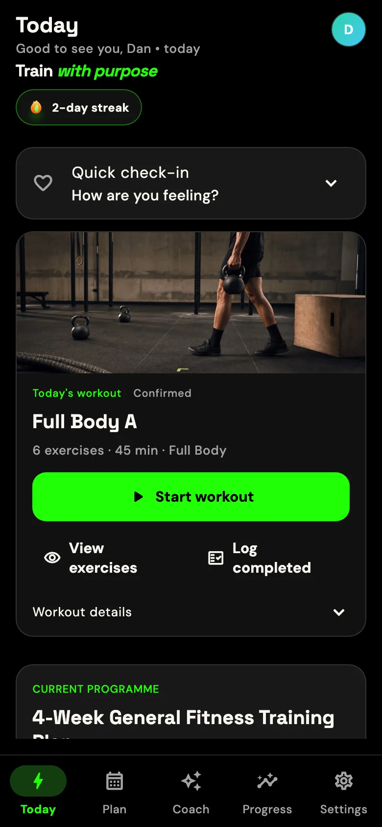 GRITFIT Today screen with a check-in, full-body workout and current programme, using demo data