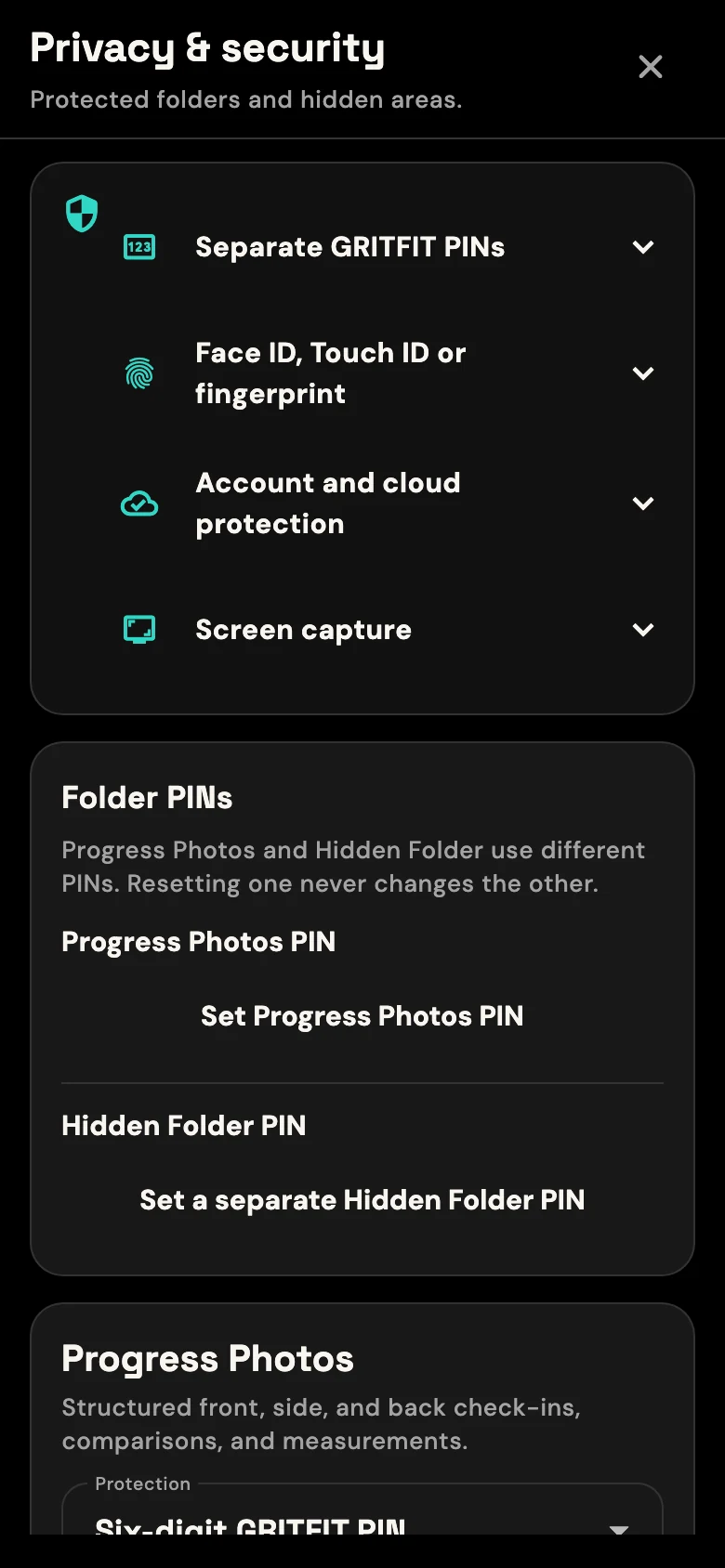 GRITFIT Privacy and Security screen showing separate folder PINs, biometrics, account protection and screen capture controls
