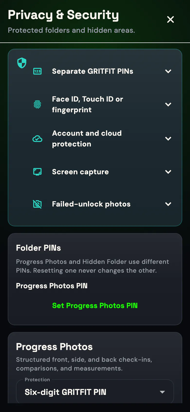 GRITFIT Privacy and Security screen showing separate folder PINs, biometrics, account protection and screen capture controls