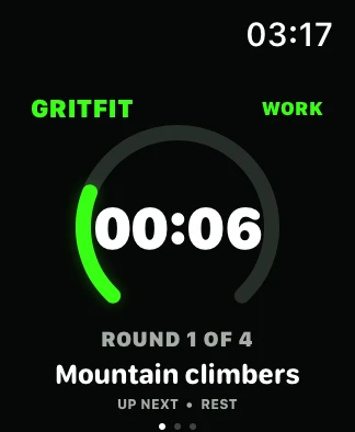 GRITFIT Apple Watch preview showing a Tabata work interval for mountain climbers