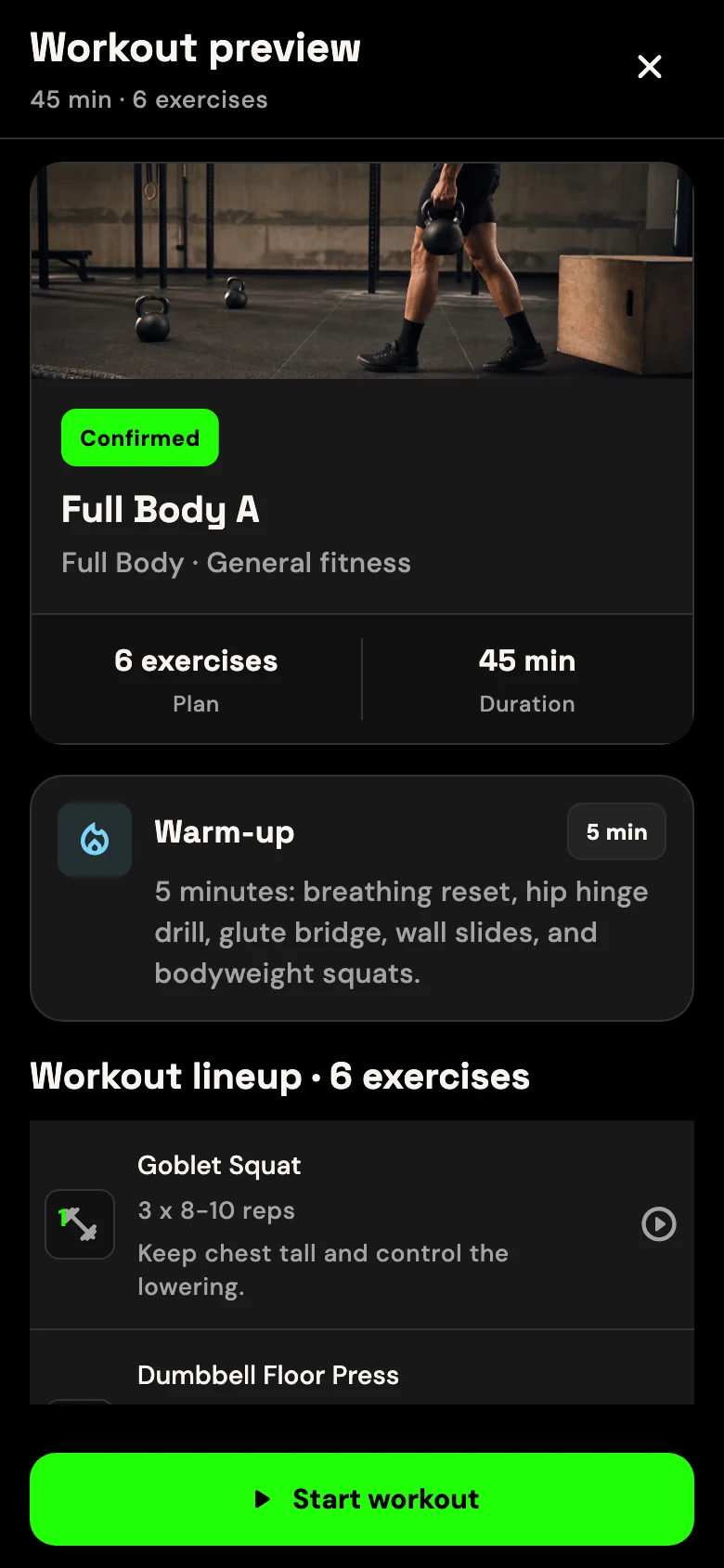 Full body strength workout with exercises, sets and coaching cues
