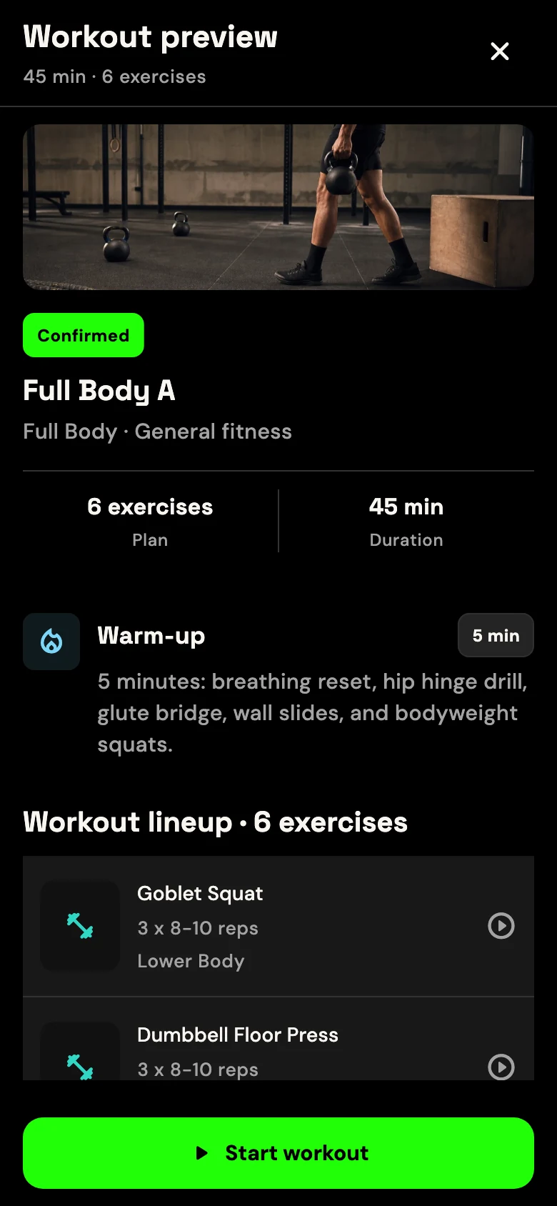 GRITFIT full-body workout preview with a warm-up, exercise lineup and start controls, using demo data