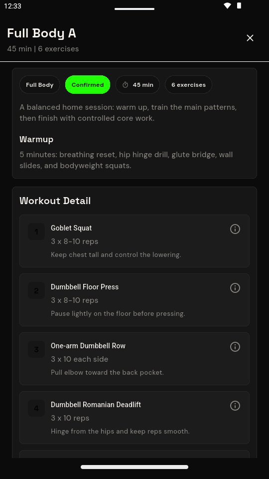 Full body strength workout with exercises, sets and coaching cues